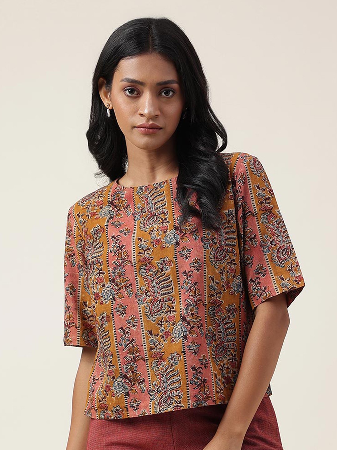 

Fabindia Round Neck Floral Printed Cotton Top, Rust