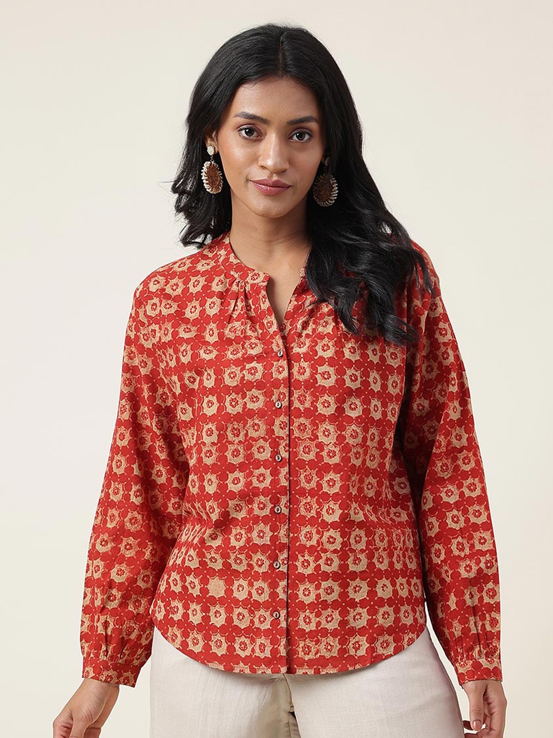 

Fabindia Ethnic Motifs Printed Mandarin Collar Cotton Shirt Style Top, Red