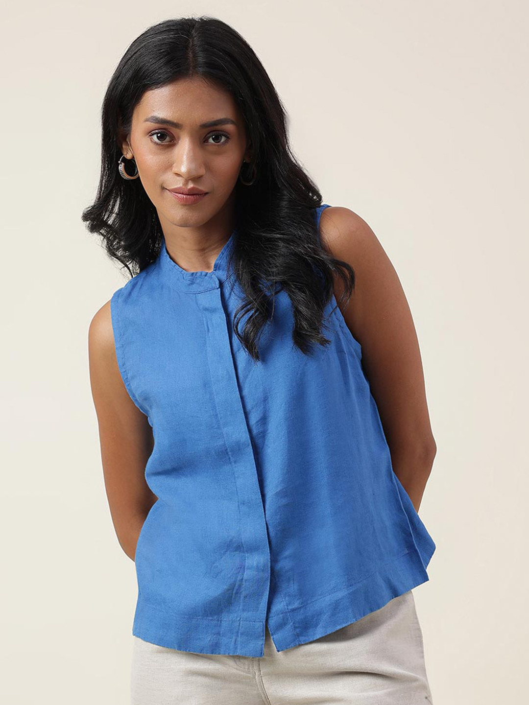 

Fabindia Mandarin Collar Linen Shirt Style Top, Blue