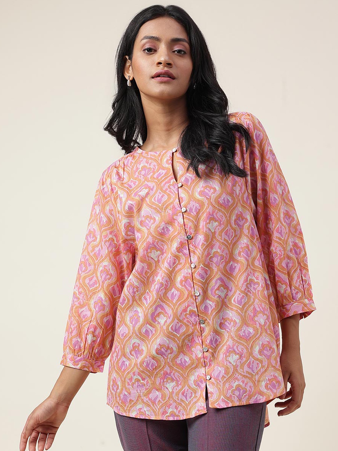 

Fabindia Floral Printed Keyhole Neck Cotton Shirt Style Top, Pink