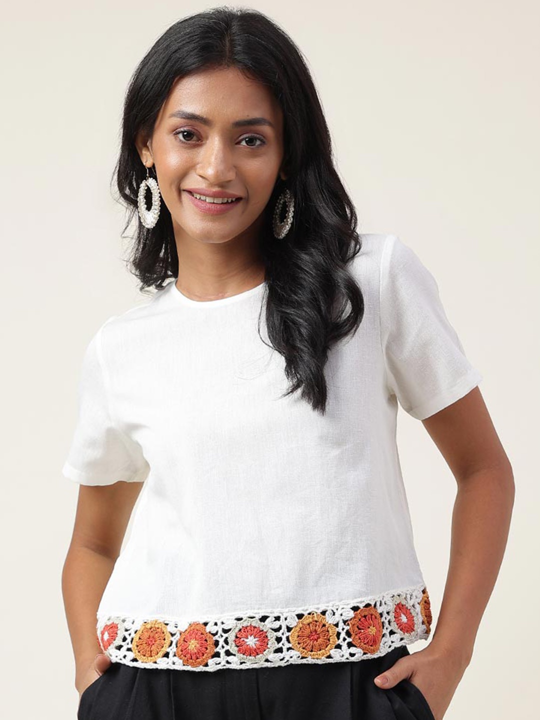 

Fabindia Round Neck Lace Up Cotton Linen Top, White