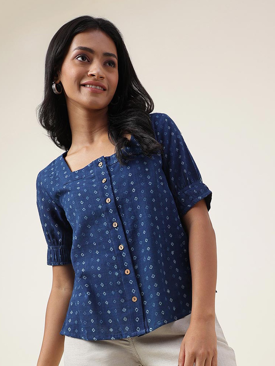 

Fabindia Geometric Printed Square Neck Cotton Top, Blue