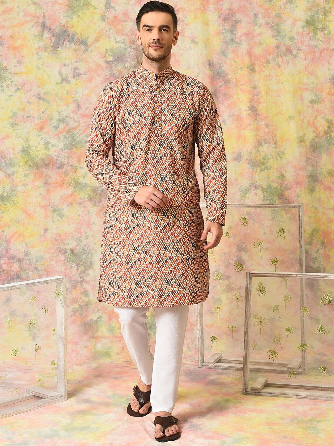 

hangup trend Geometric Printed Regular Kurta with Pyjamas, Brown