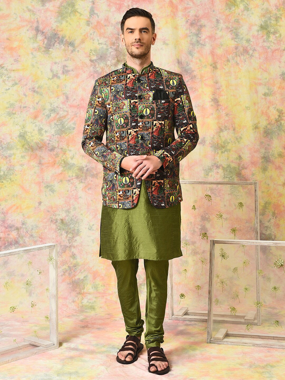 

hangup trend Mandarin Collar Straight Kurta & Pyjamas With Nehru Jacket, Olive