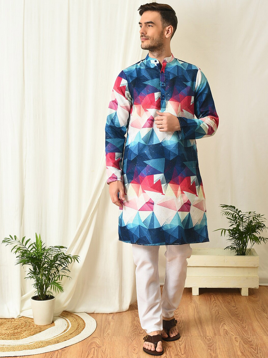 

hangup trend Geometric Printed Regular Kurta With Pyjamas, Blue