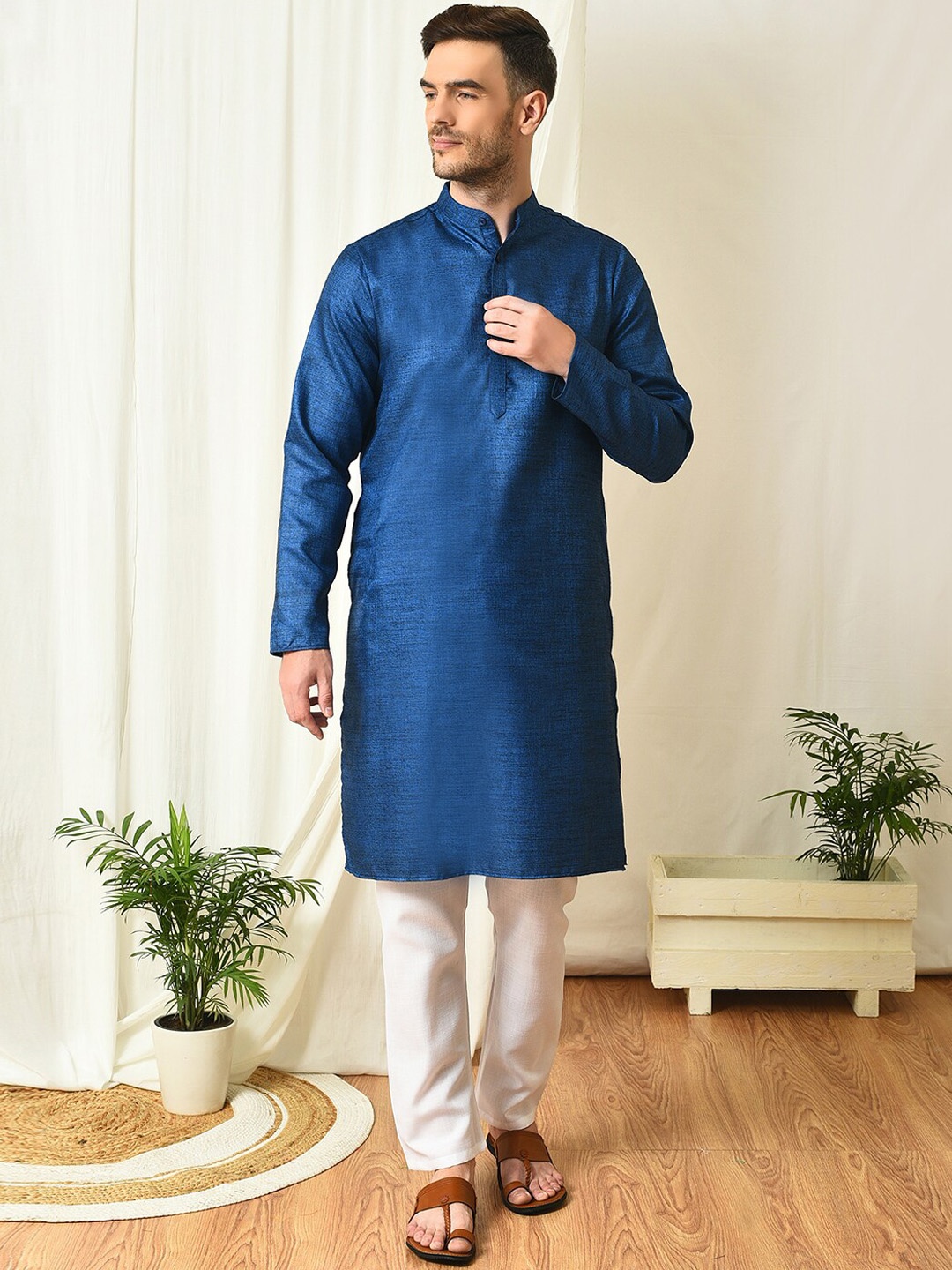 hangup trend Mandarin Collar Regular Kurta With Pyjamas, Blue