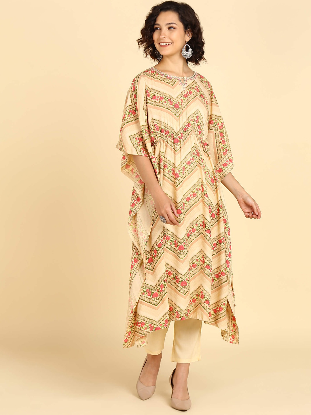 Maaesa Floral Printed Regular Kaftan Kurta With Trousers, Brown