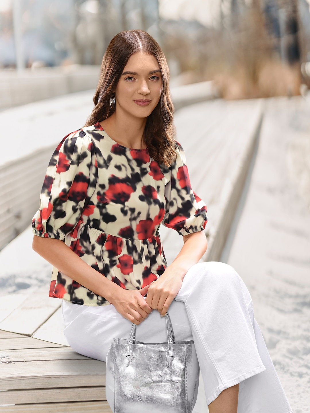 

Van Heusen Woman Floral Print Puff Sleeve A-Line Top, White