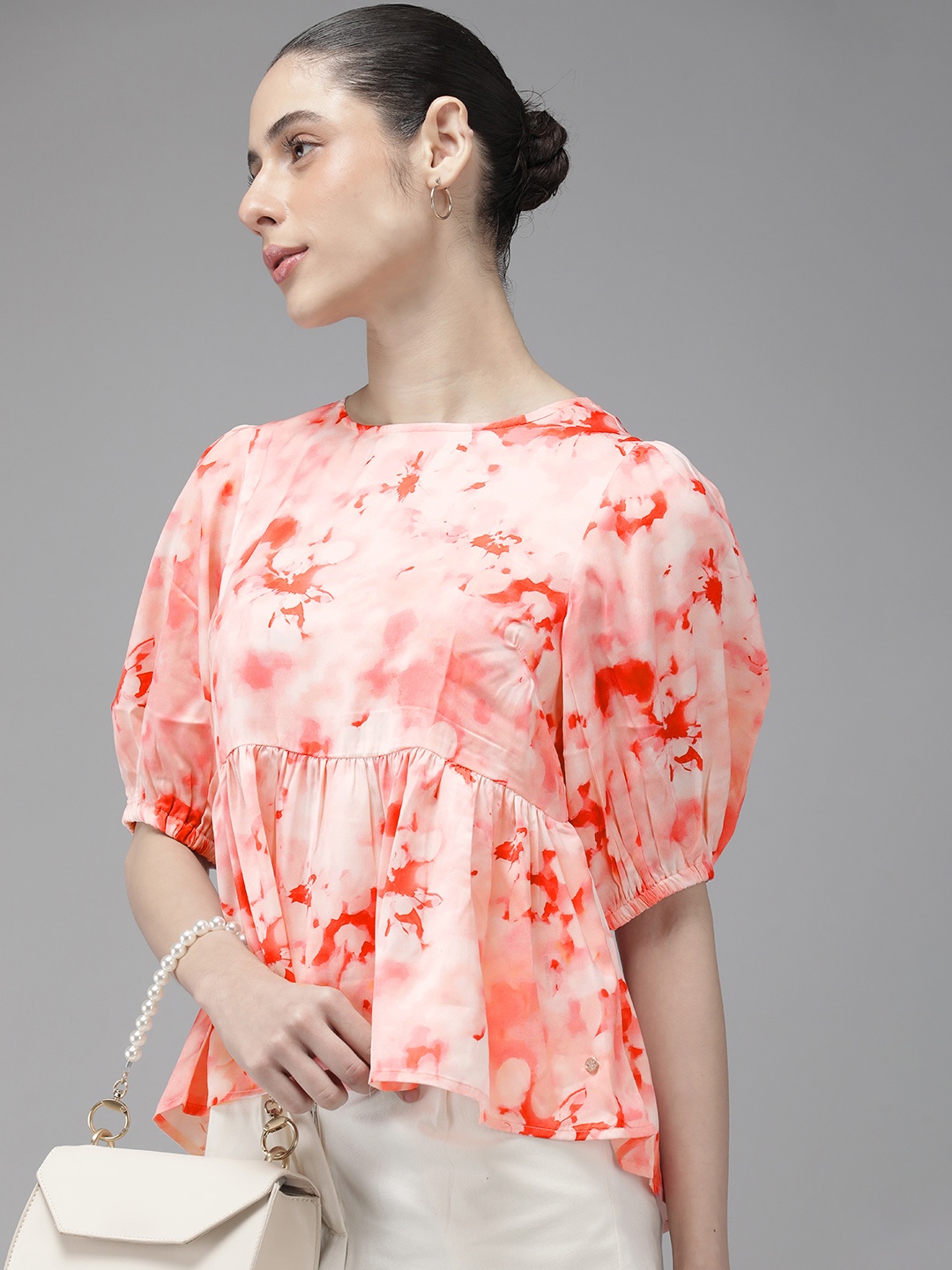 

Van Heusen Woman Abstract Printed Puff Sleeves A-line Gathered Top, Pink