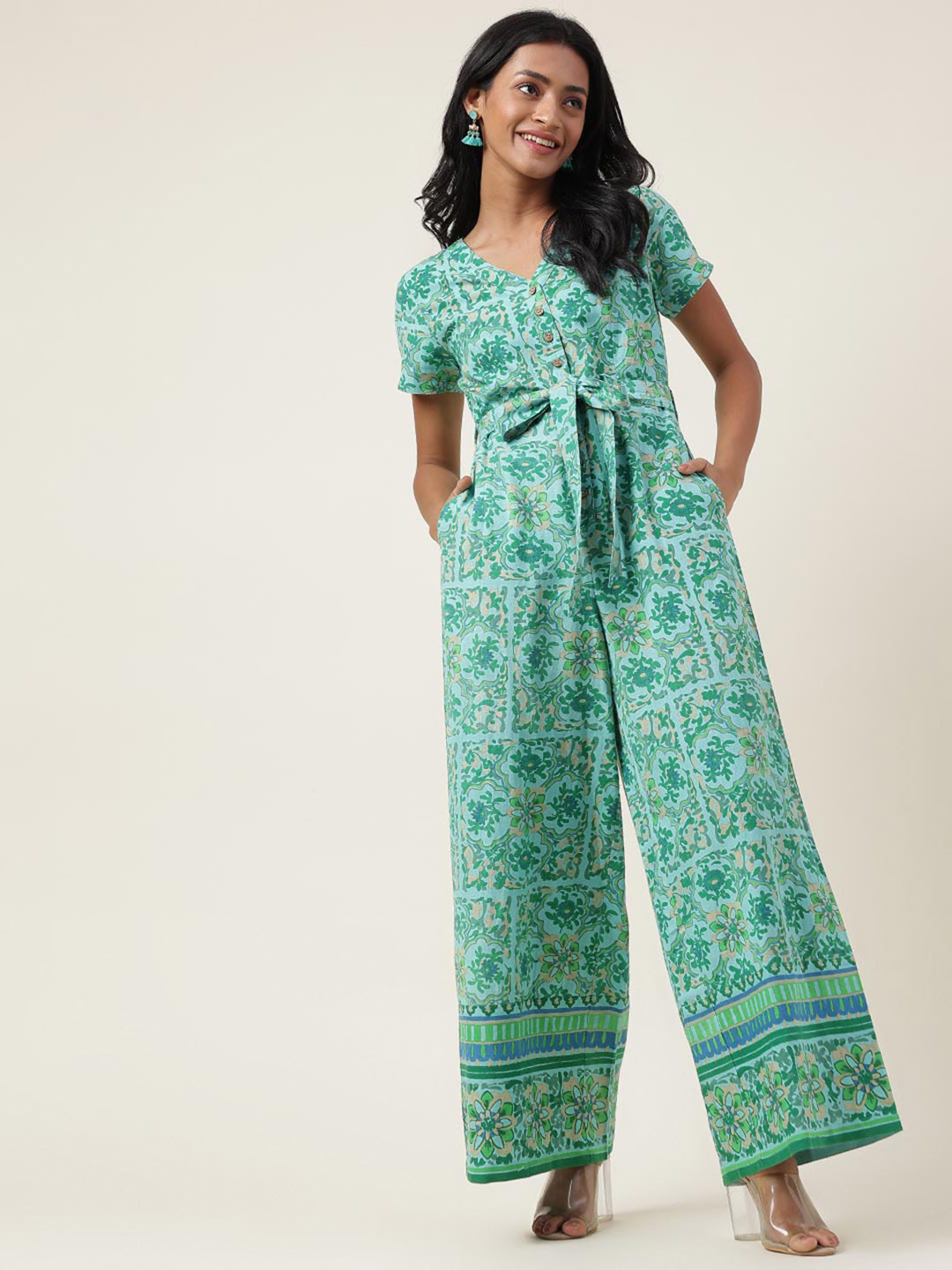 

Fabindia Turquoise Printed V-Neck Cotton Linen Basic Jumpsuit, Turquoise blue