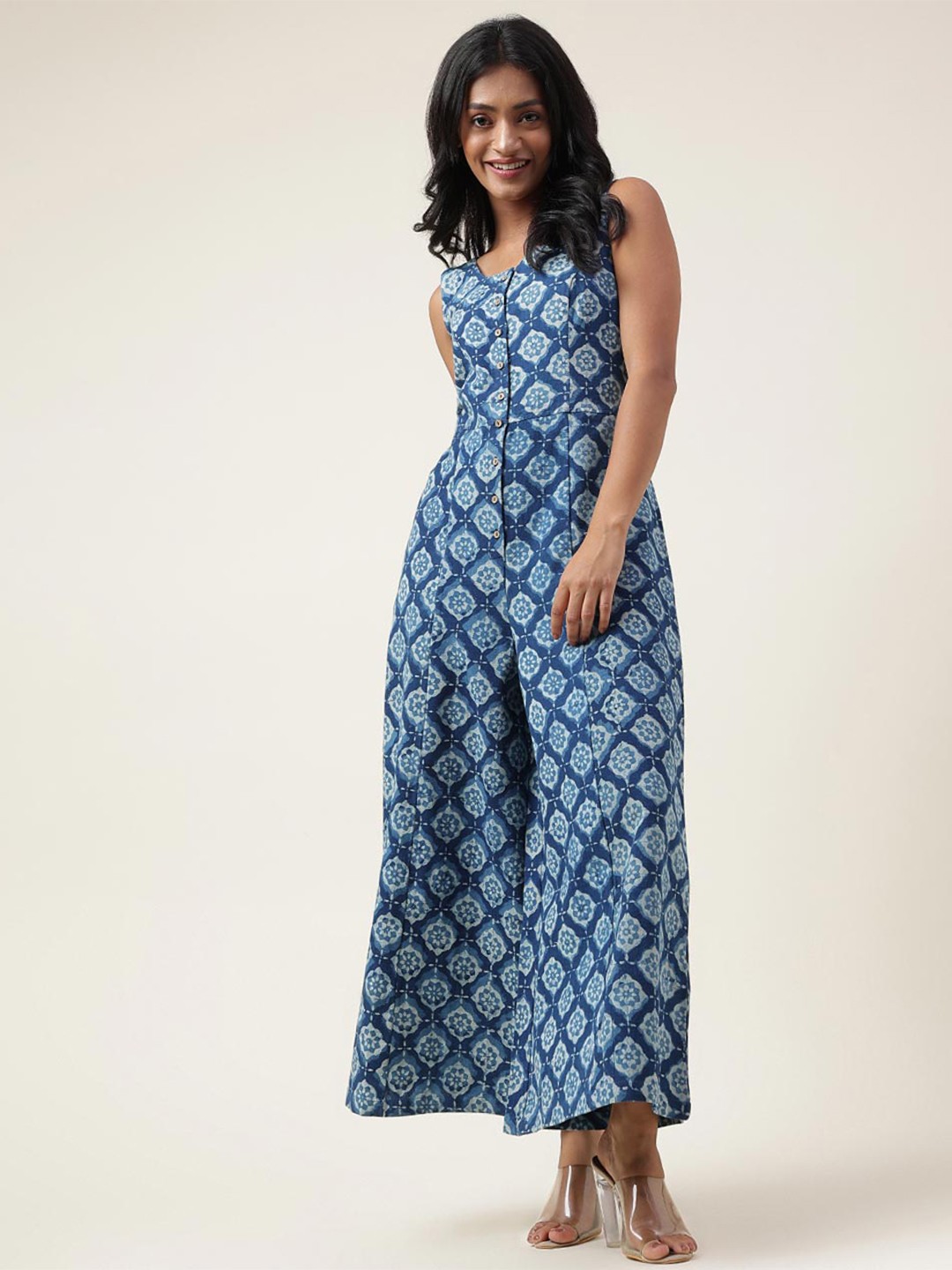 

Fabindia Block Printed Cotton Basic Jumpsuit, Blue