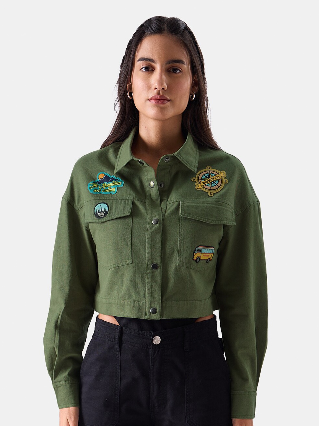 

The Souled Store Cropped Oversized Denim Jacket, Green