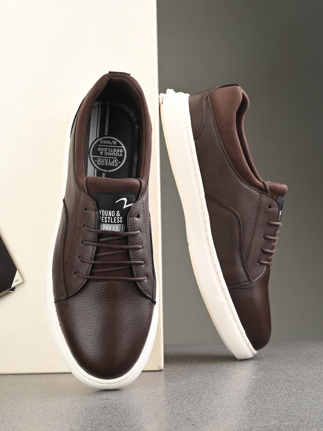 

SPYKAR Men Textured Contrast Sole Sneakers, Coffee brown
