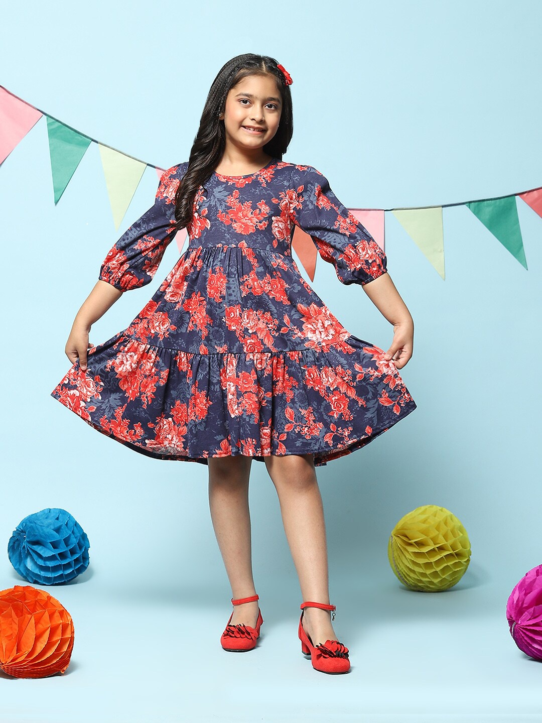 

Biba Girls Floral Printed Puff Sleeve Cotton Fit & Flare Dress, Blue