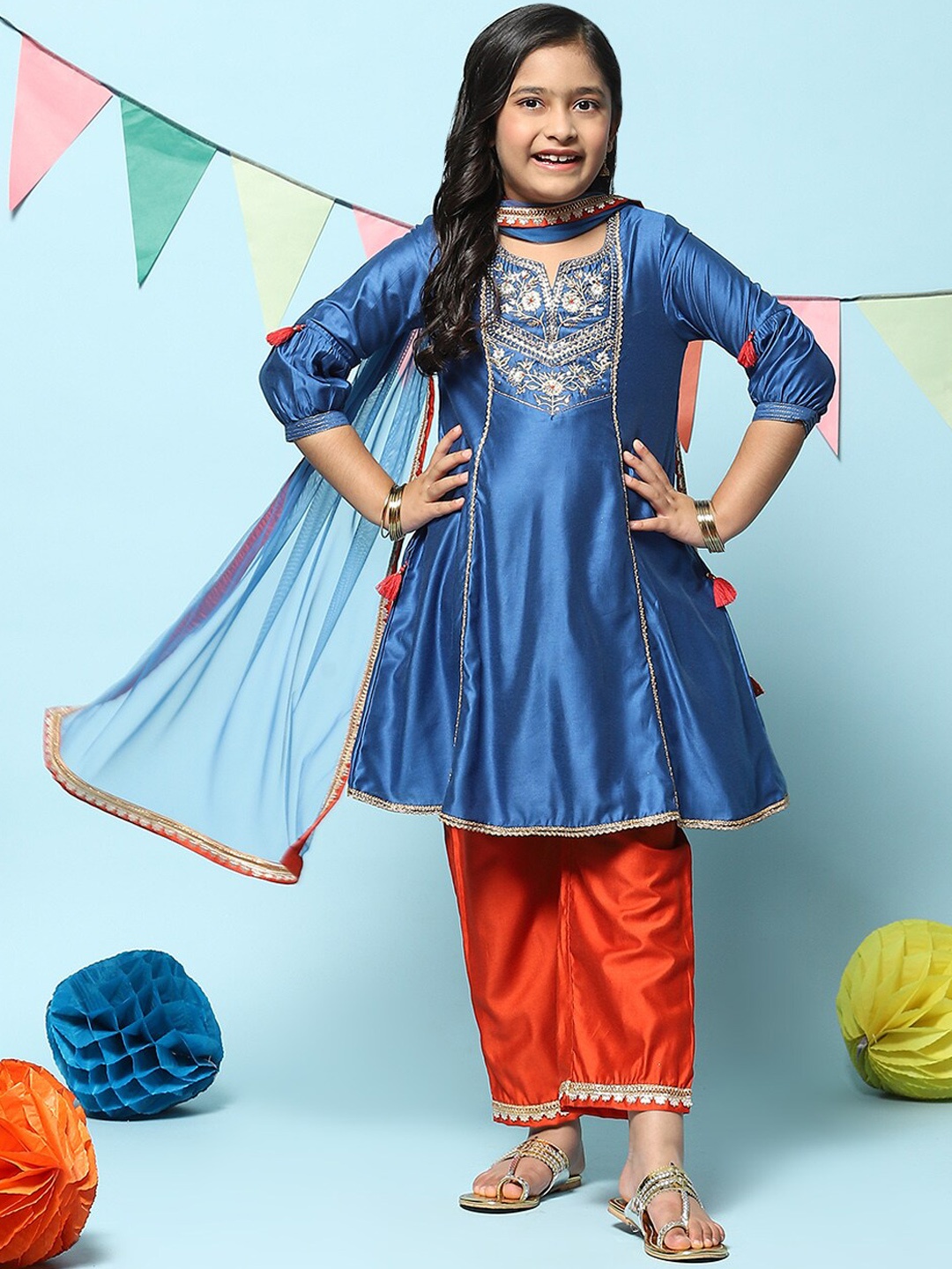 

Biba Girls Ethnic Motifs Embroidered Gota Patti Work Kurta & Trousers With Dupatta, Blue