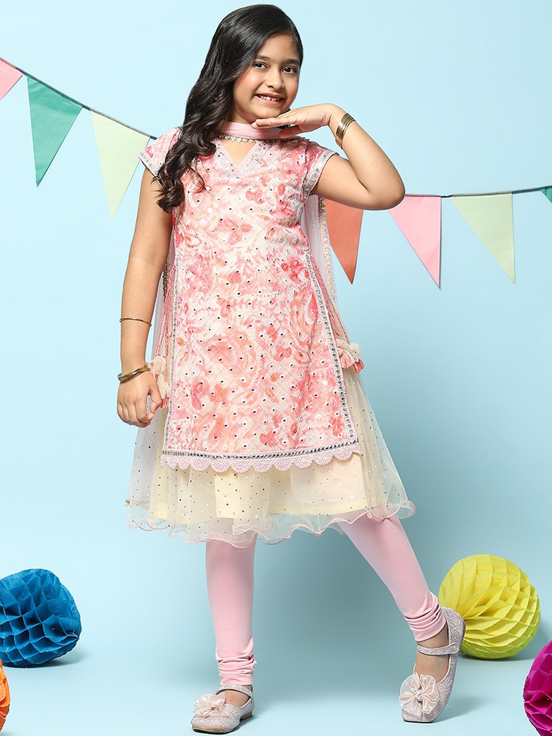 

Biba Girls Embroidered Layered Mirror Work Kurta With Leggings & Dupatta, Off white