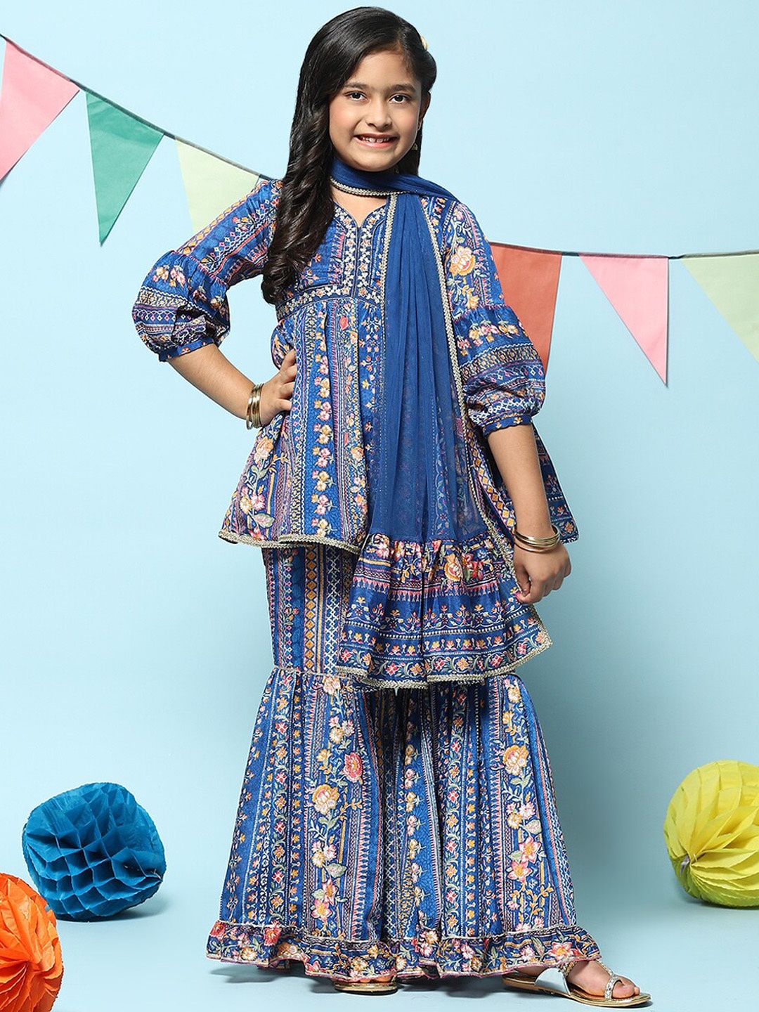 

Biba Girls Ethnic Motifs Printed Empire Kurta with Sharara & With Dupatta, Blue