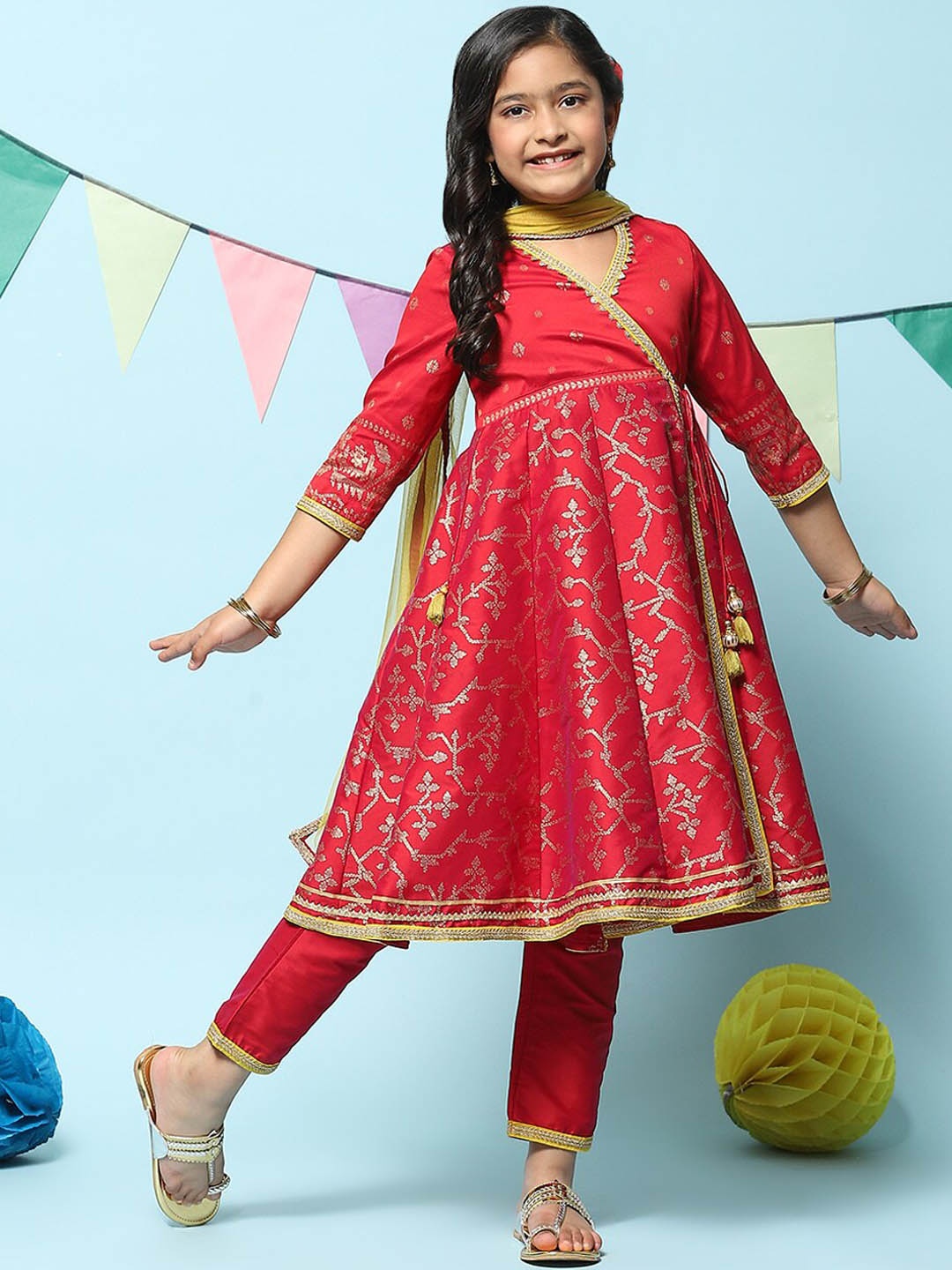 

Biba Girls Ethnic Motifs Printed Angrakha Kurta with Trousers & Dupatta, Maroon