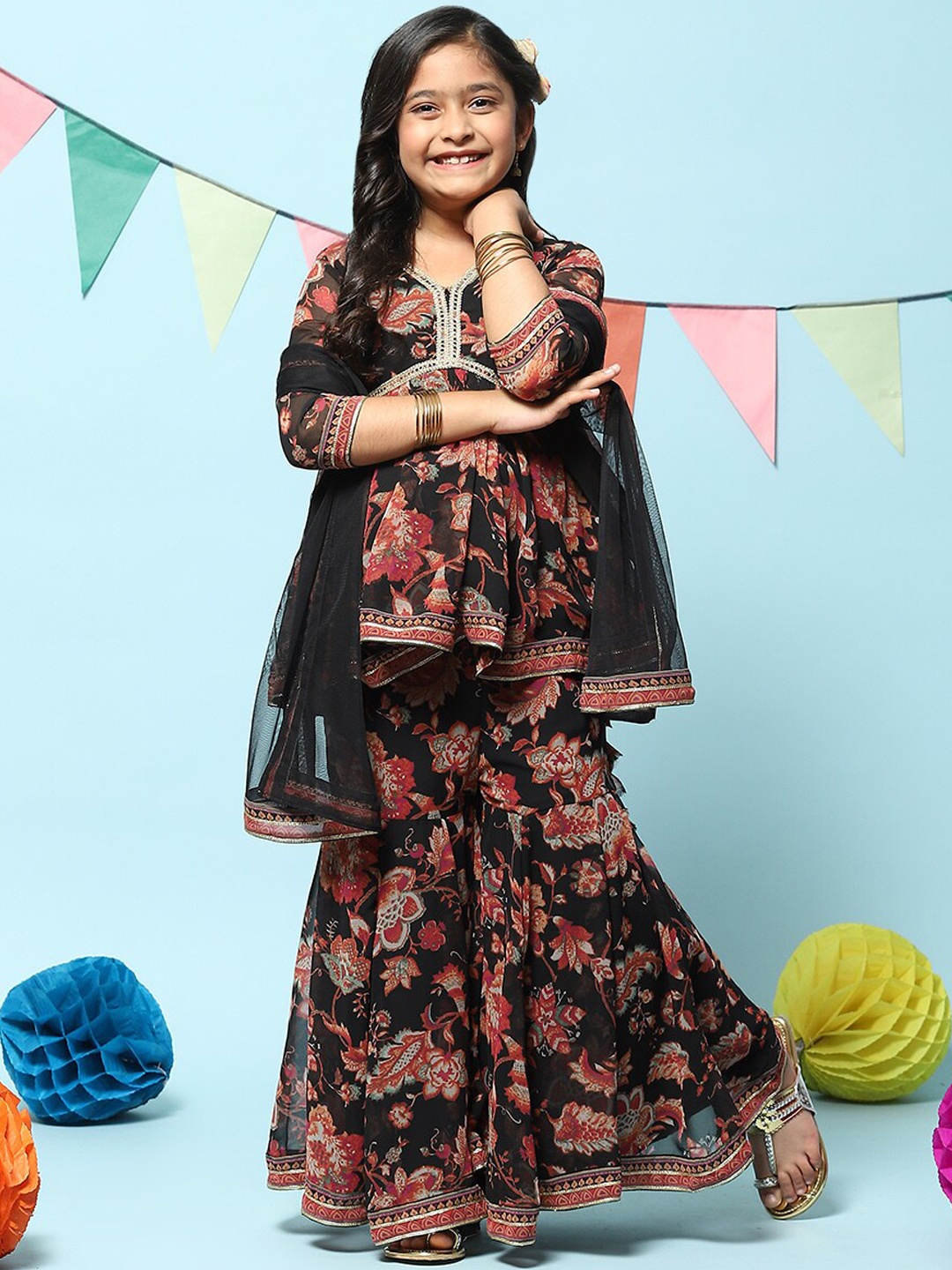 

Biba Girls Floral Printed Empire Gotta Patti Kurta With Sharara & Dupatta, Black