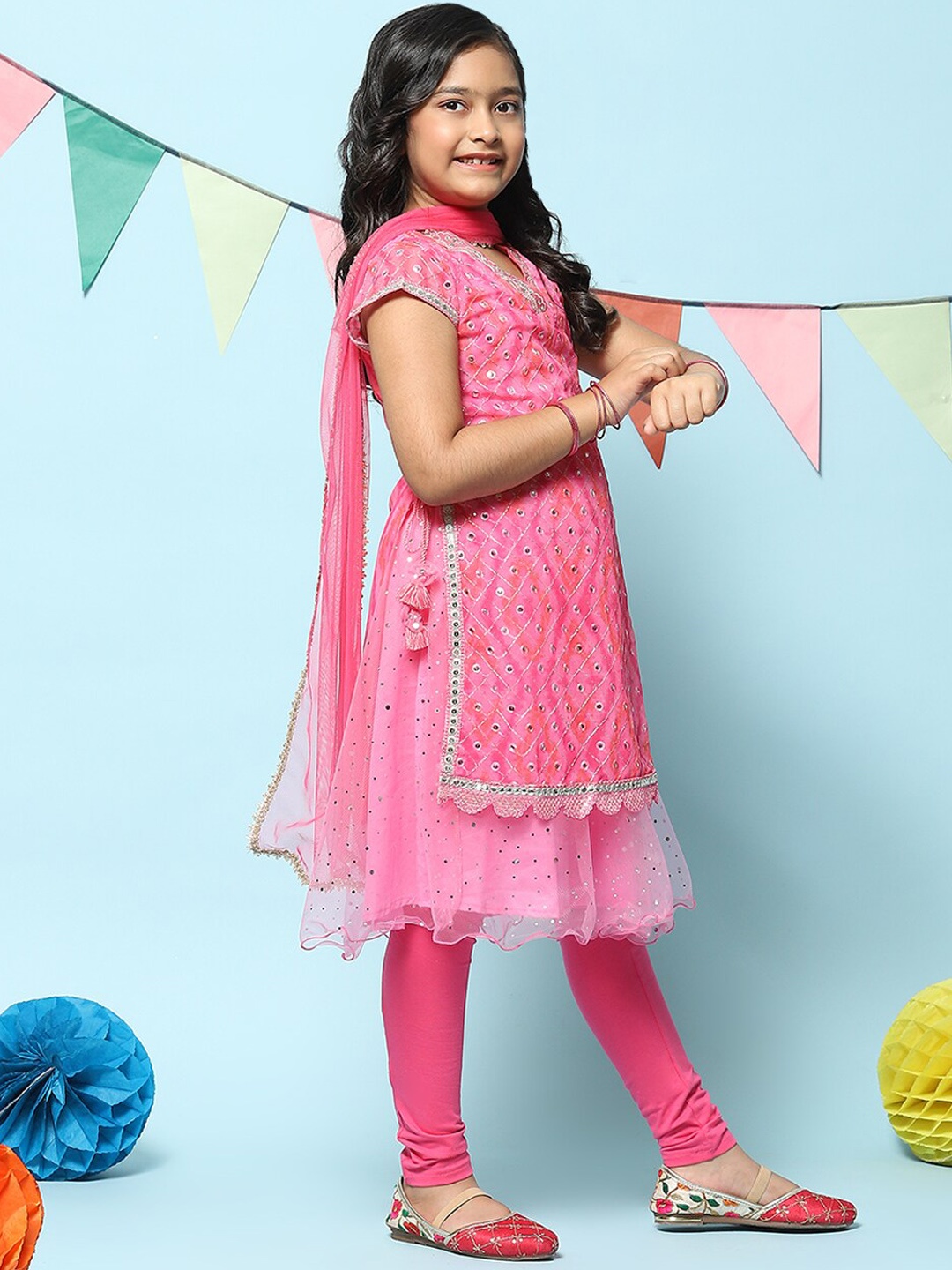 

Biba Girls Layered Mirror Work Kurta With Churidar & Dupatta, Pink