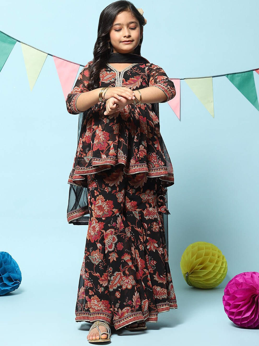 

Biba Girls Floral Printed Empire Gotta Patti Kurta with Sharara & Dupatta, Black