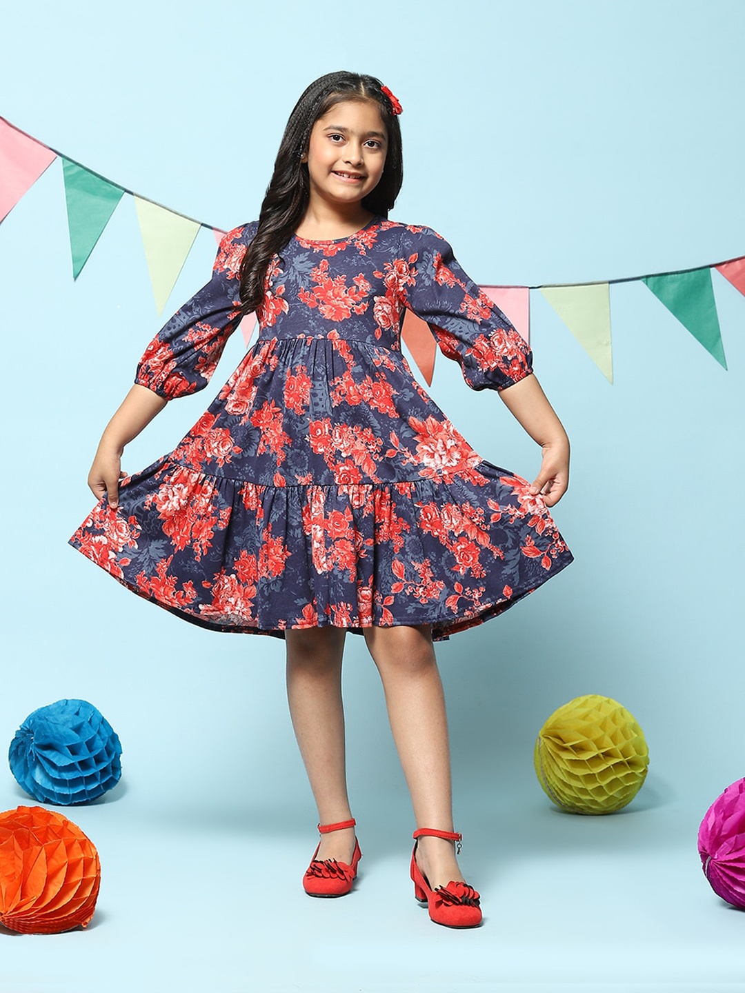 

Biba Girls Floral Printed Puff Sleeve Cotton Fit & Flare Dress, Blue