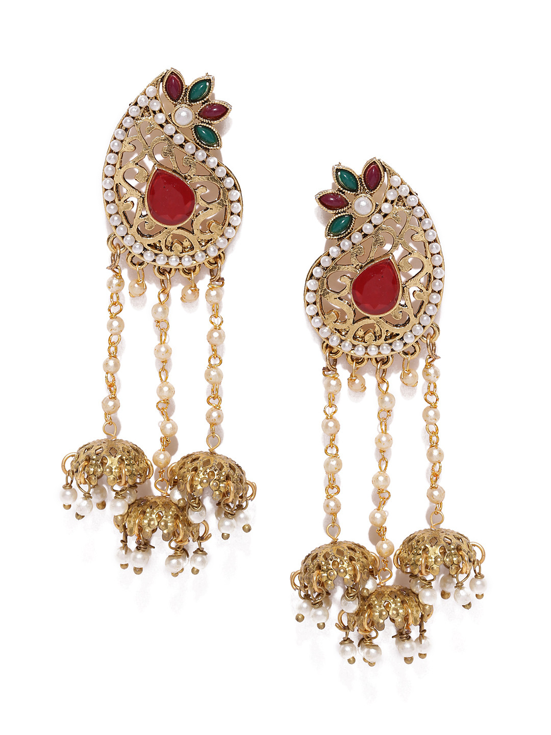 

YouBella Off-White & Red Gold-Plated Paisley Shaped Stone-Studded Jhumkas