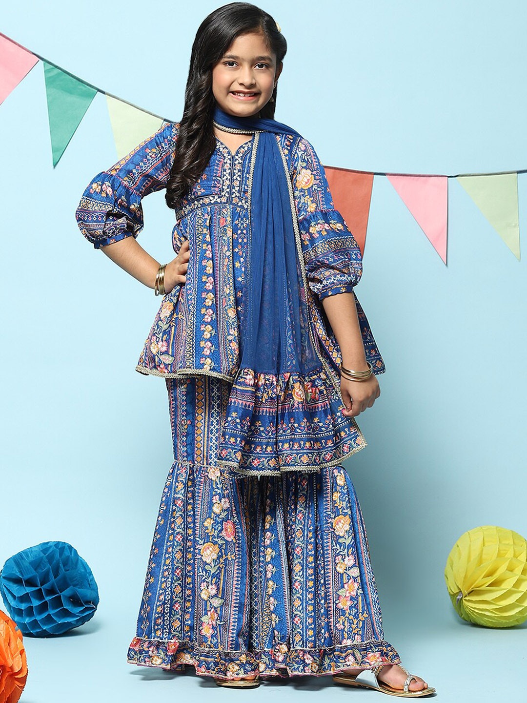 

Biba Girls Ethnic Motifs Printed Sequinned Empire A-line Kurta & Sharara with Dupatta, Blue