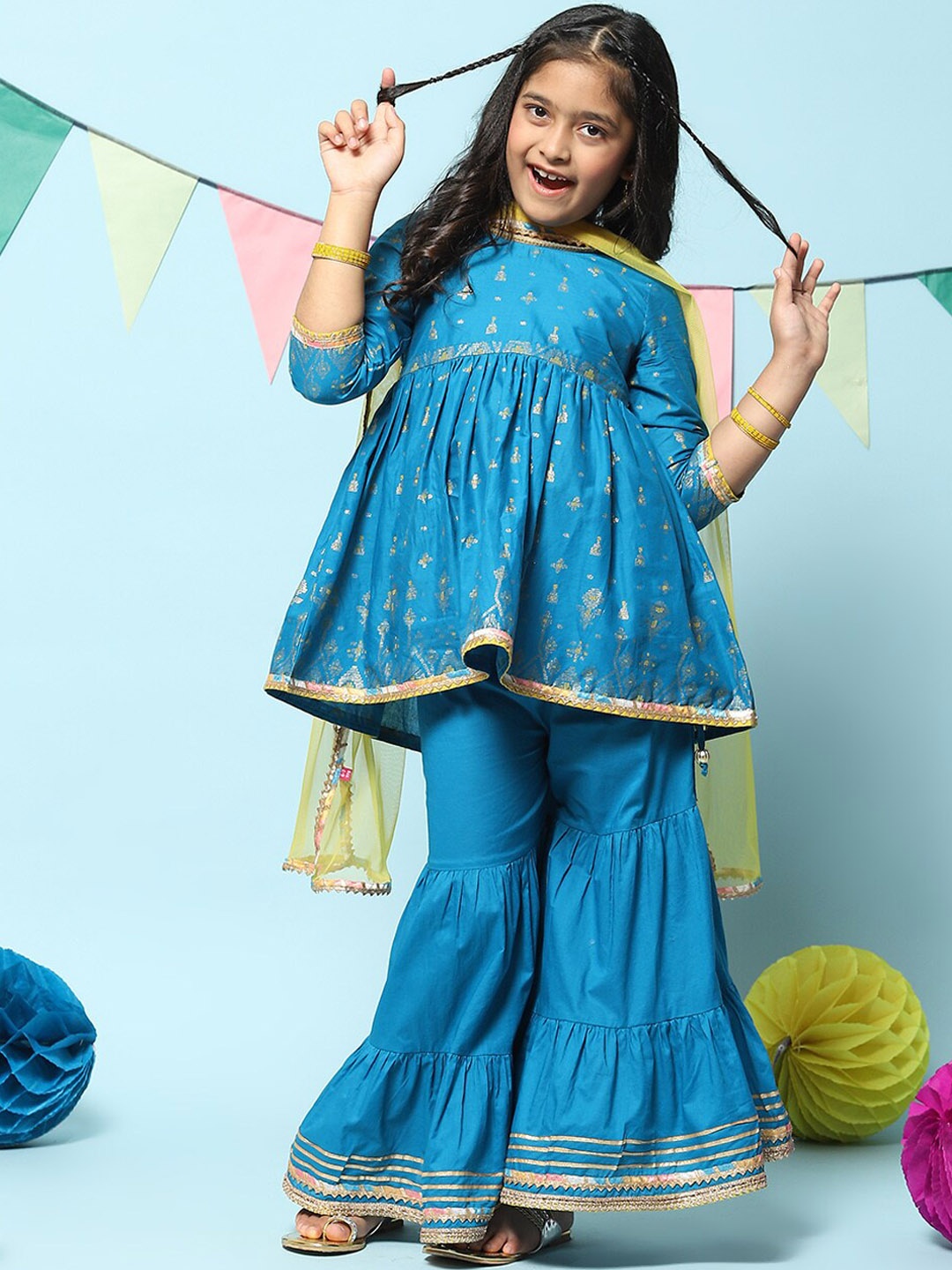 

Biba Girls Ethnic Motifs Printed Gotta Patti Detailed Empire Kurta & Sharara with Dupatta, Blue