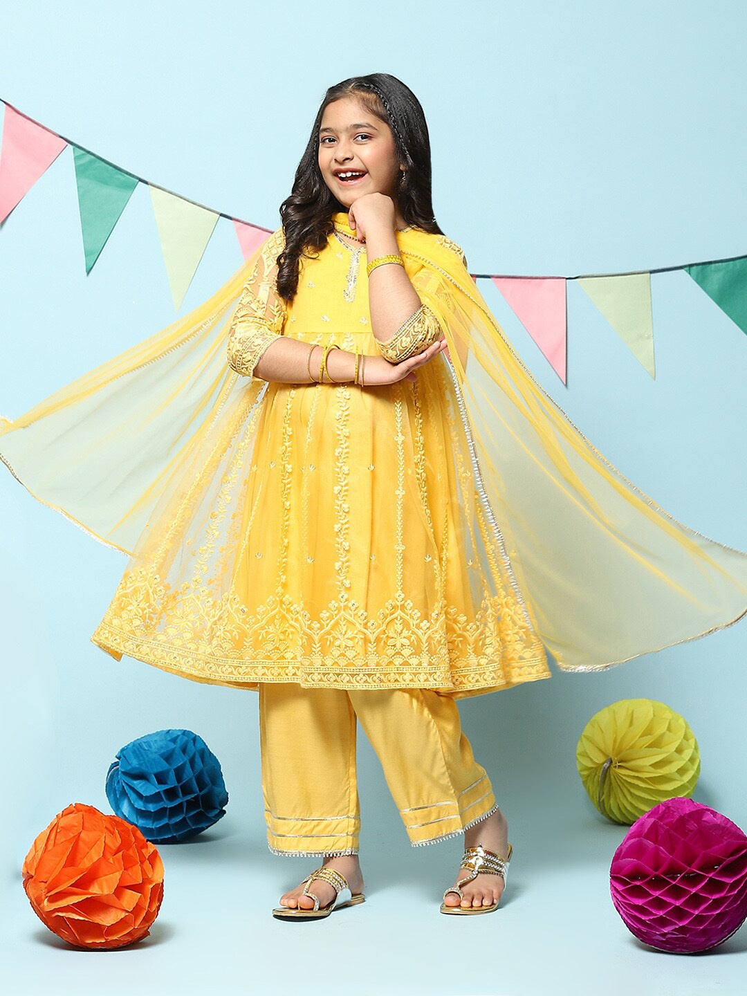 

Biba Girls Floral Embroidered Thread Work Kurta with Palazzos & Dupatta, Yellow