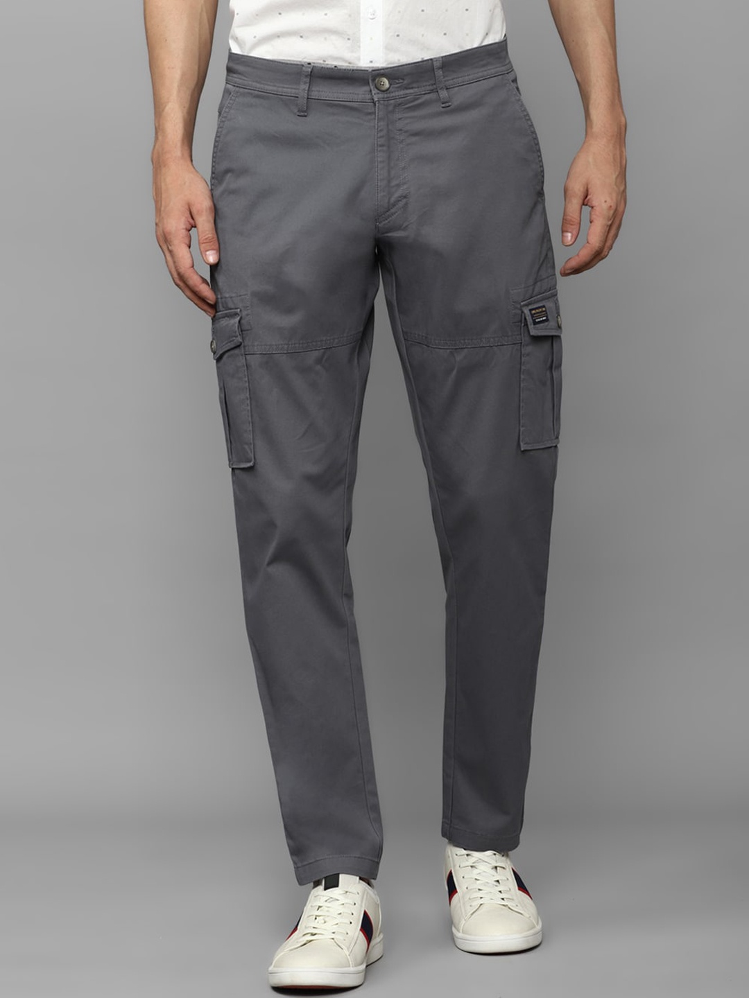 

Louis Philippe Jeans Mid-Rise Slim Fit Plain Cotton Cargos Trousers, Grey