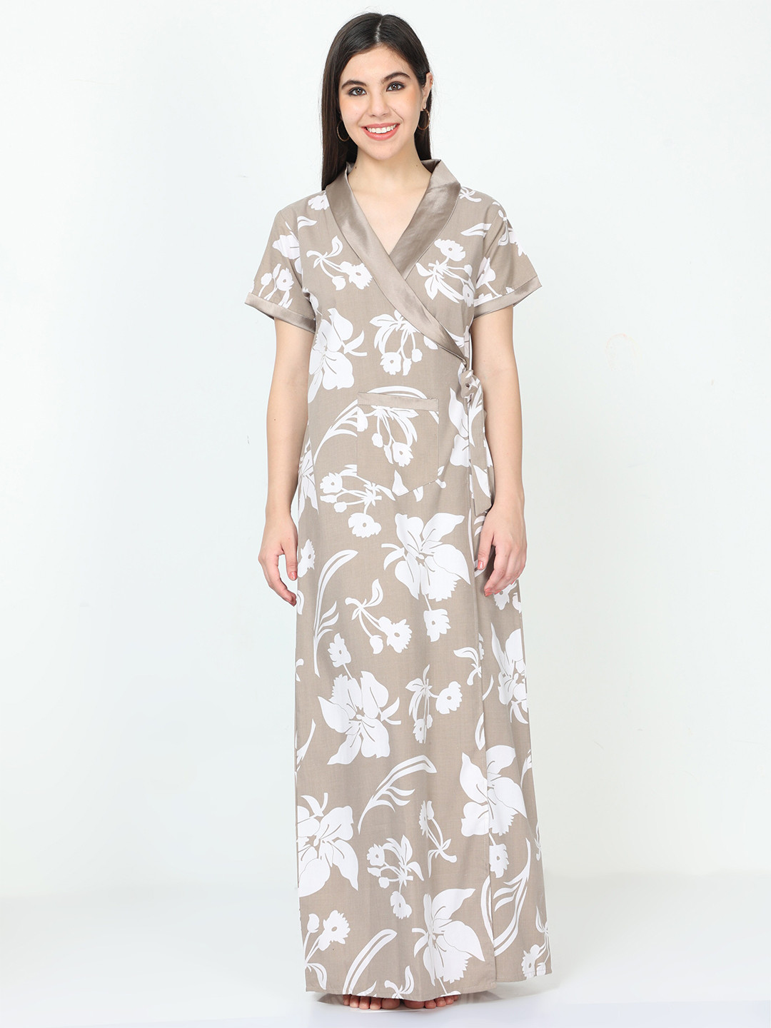 

9shines Label Floral Printed Maxi Wrap Nightdress, Grey