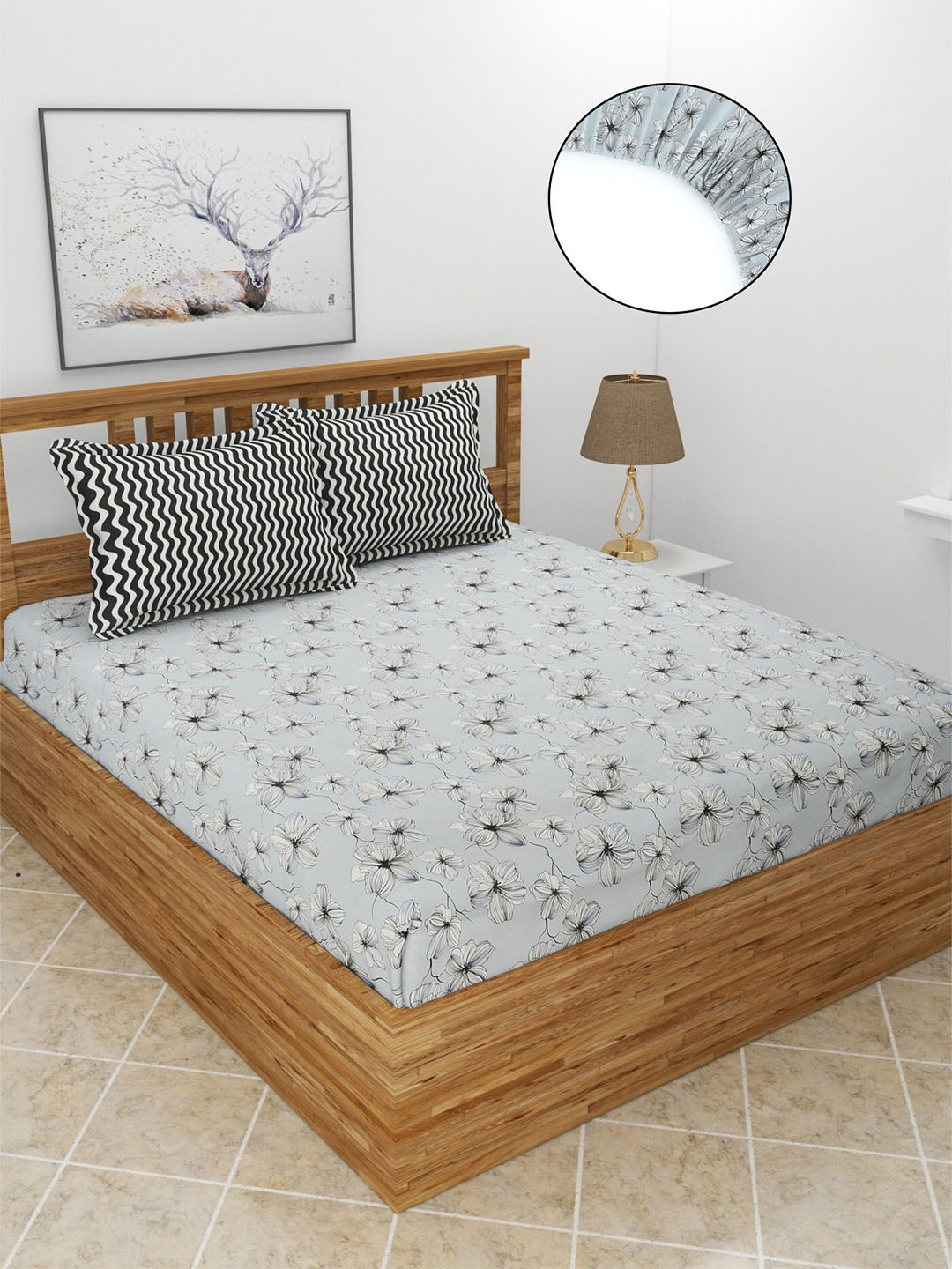 

MORADO Grey & White Floral Fitted 210 TC King Bedsheet With 2 Pillow Covers