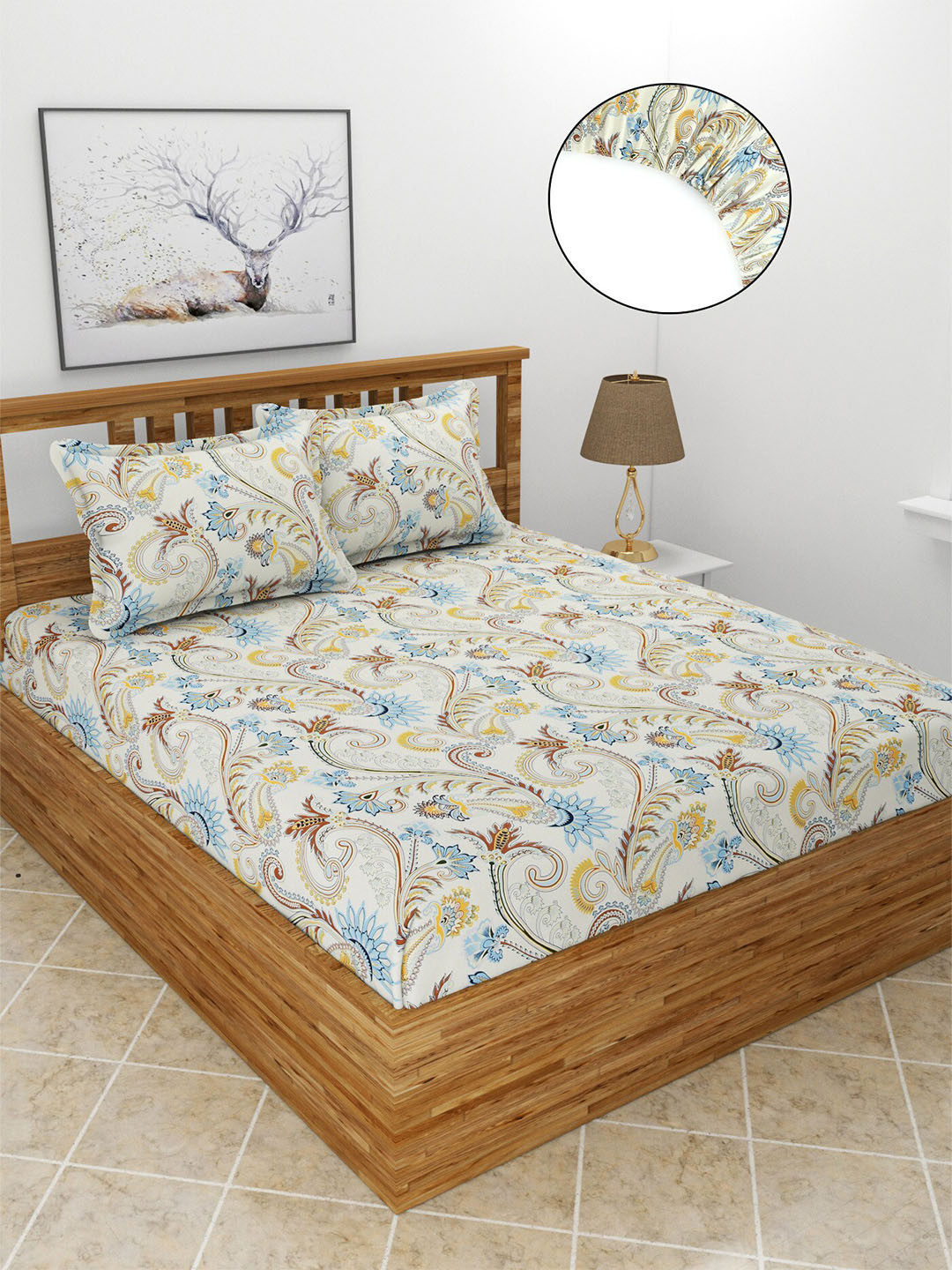 

MORADO Off White & Yellow Ethnic Motifs Fitted 210 TC Queen Bedsheet With 2 Pillow Covers