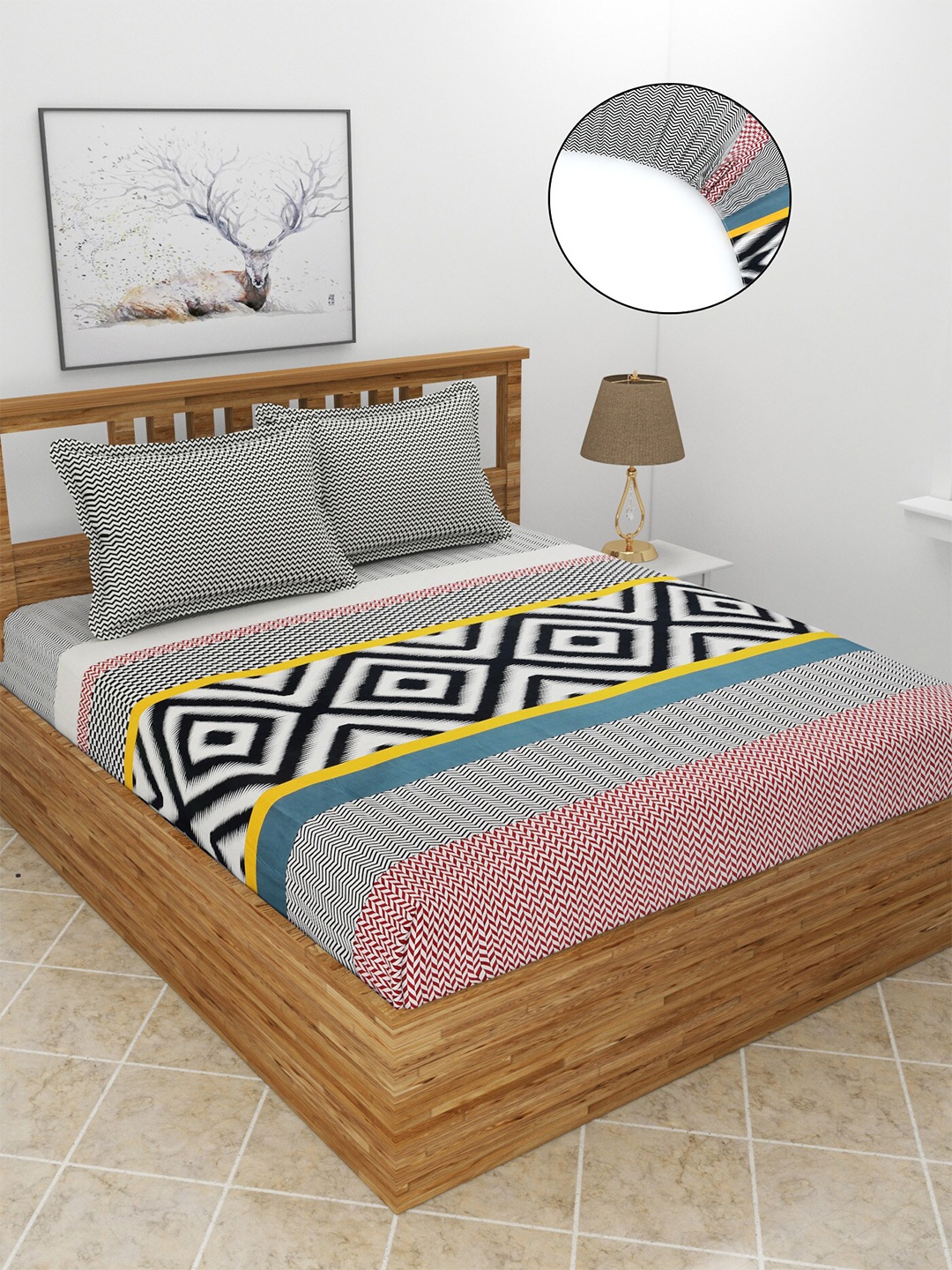 

MORADO Black & White Geometric Polycotton 210 TC King Bedsheet With 2 Pillow Covers
