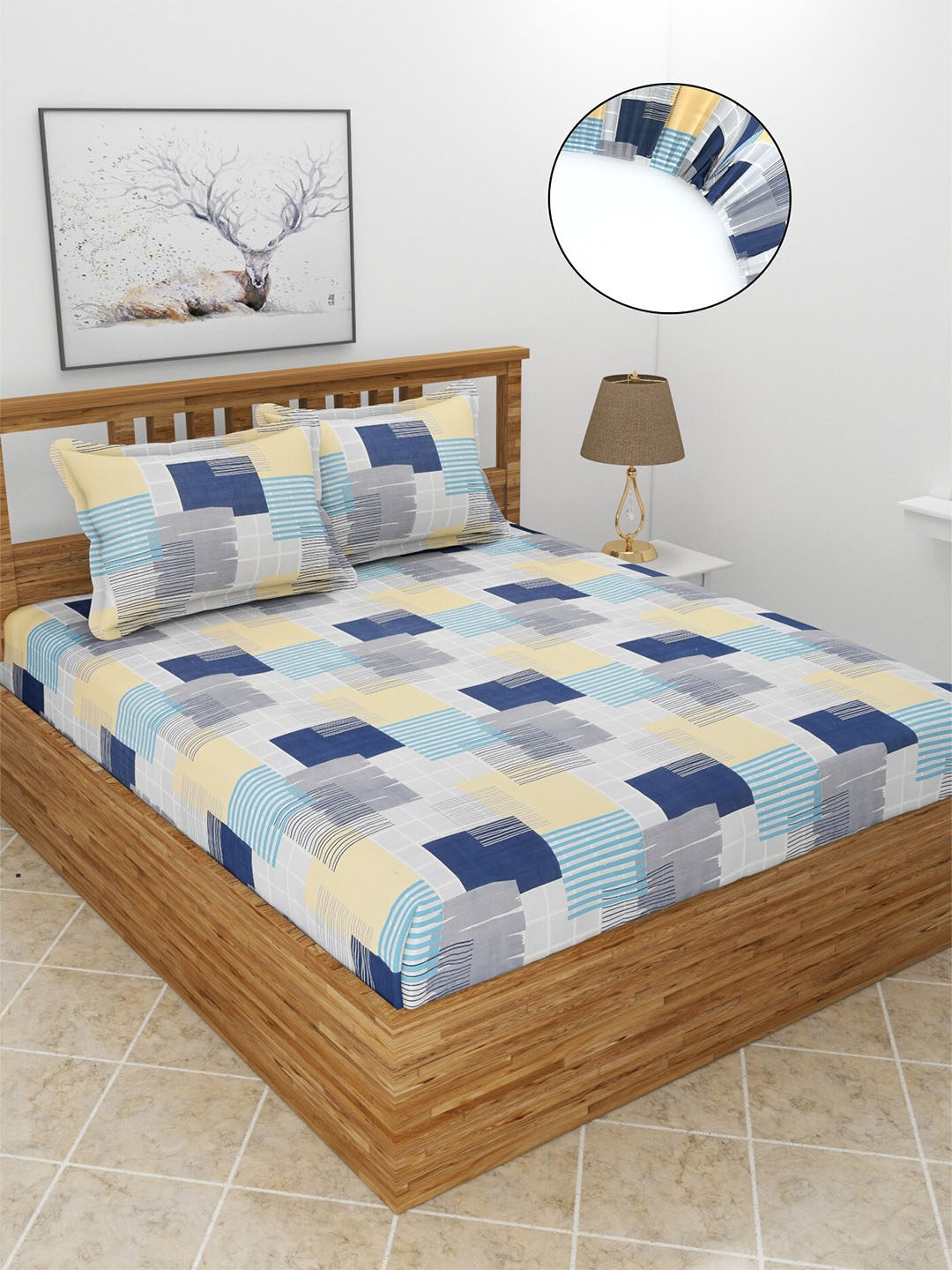 

MORADO Blue & White Geometric Fitted 210 TC King Bedsheet With 2 Pillow Covers