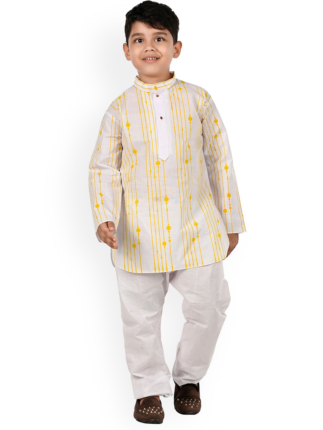 

BAESD Boys White Striped Regular Pure Cotton Kurta with Pyjamas