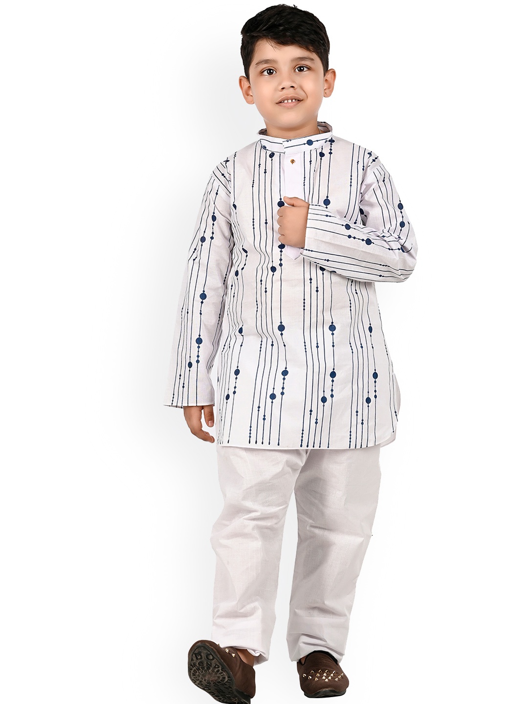 

BAESD Boys Striped Printed Regular Pure Cotton Kurta With Pyjamas, White