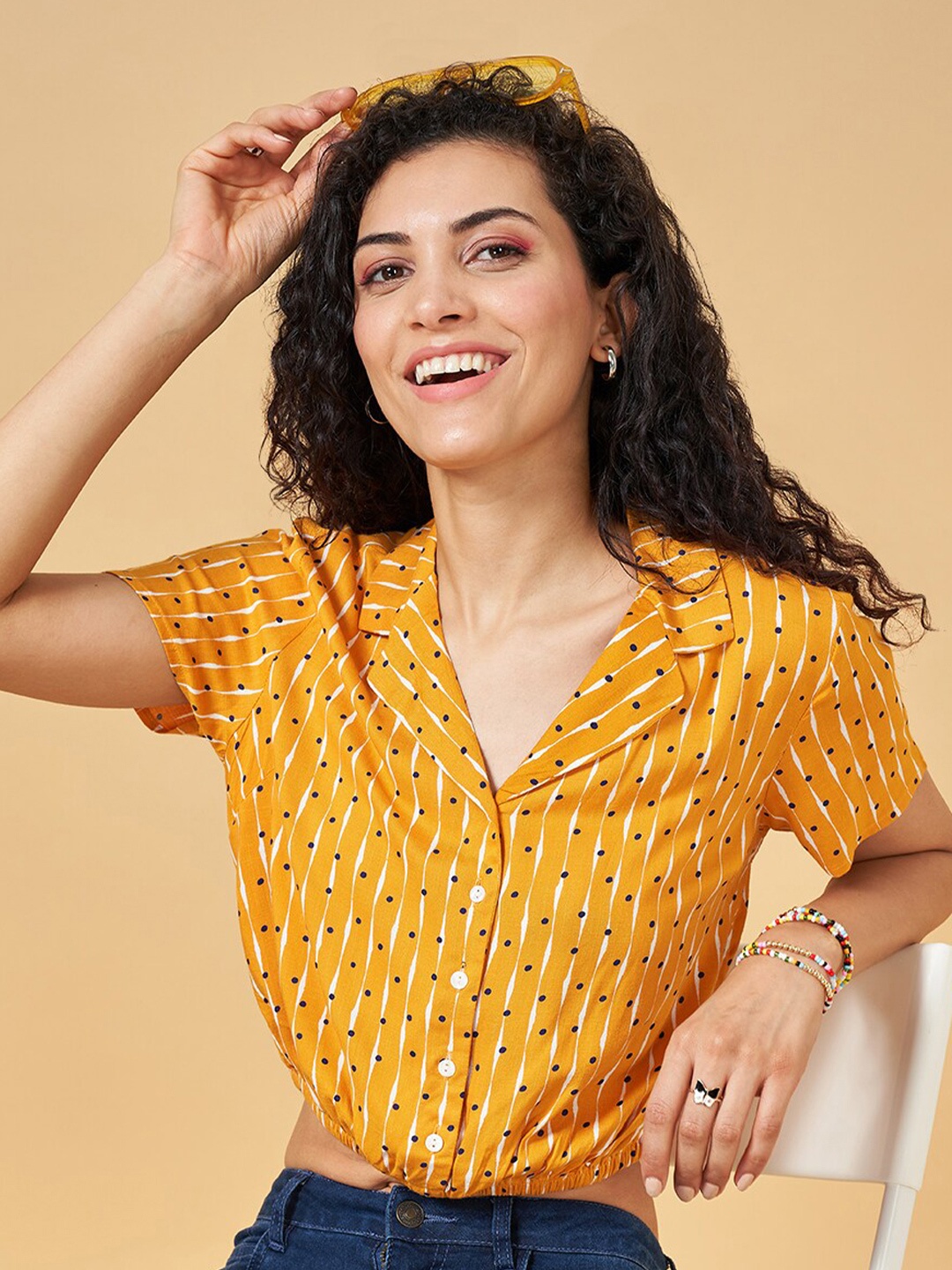 

People Mustard Striped Printed Shirt Style Top