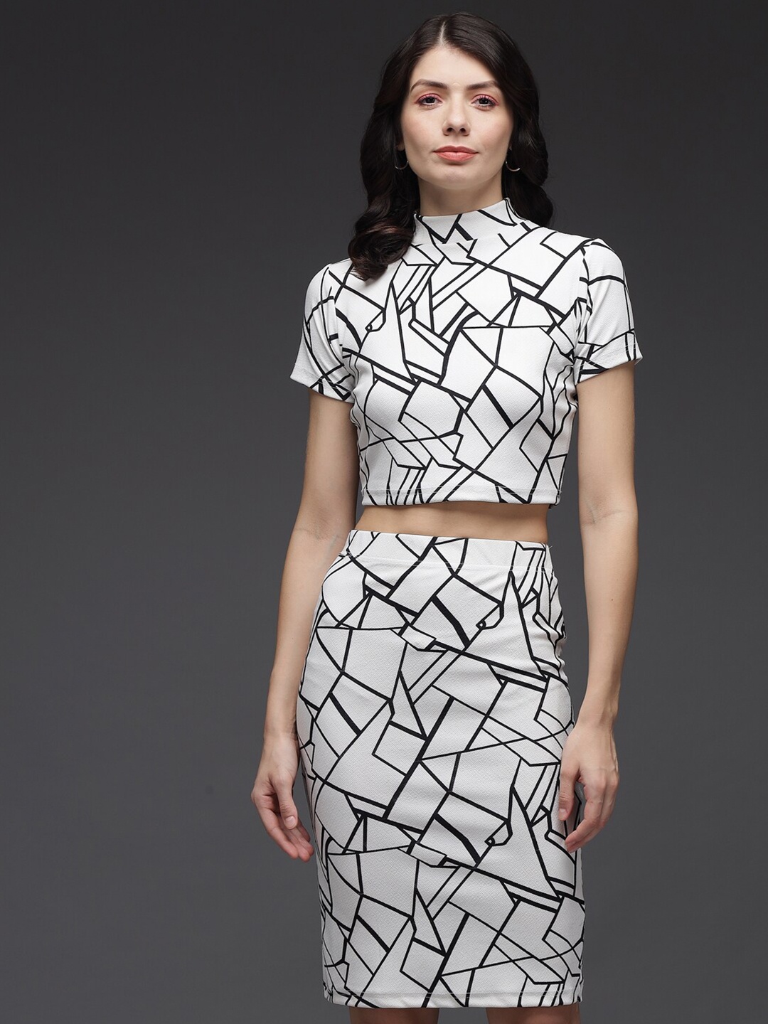 

BAESD Geometric Printed High Neck Top with Skirts, White