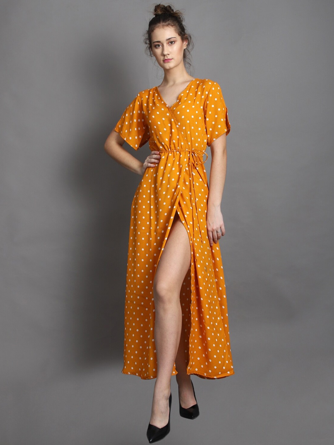 

BAESD Polka Dot Printed Cut-outs Crepe Wrap Dress, Mustard