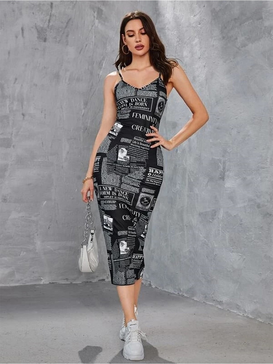 

BAESD Alphanumeric Printed Shoulder Straps Bodycon Midi Dress, Black