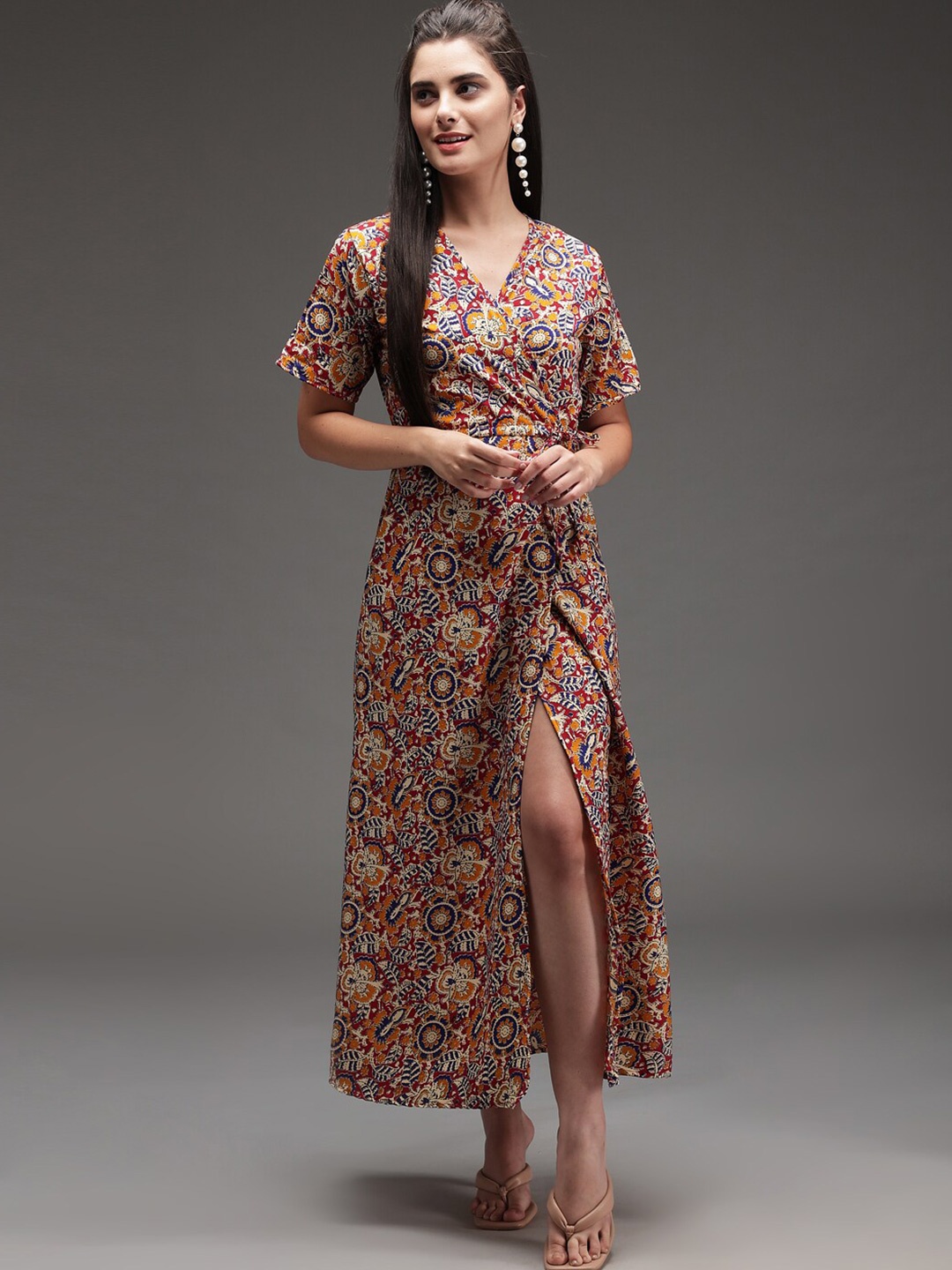 

BAESD Ethnic Motifs Printed V-Neck Crepe Wrap Dress, Maroon