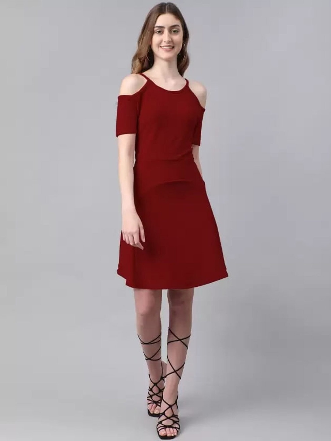 

BAESD Round Neck Cold-Shoulder Sleeves A-Line Dress, Maroon