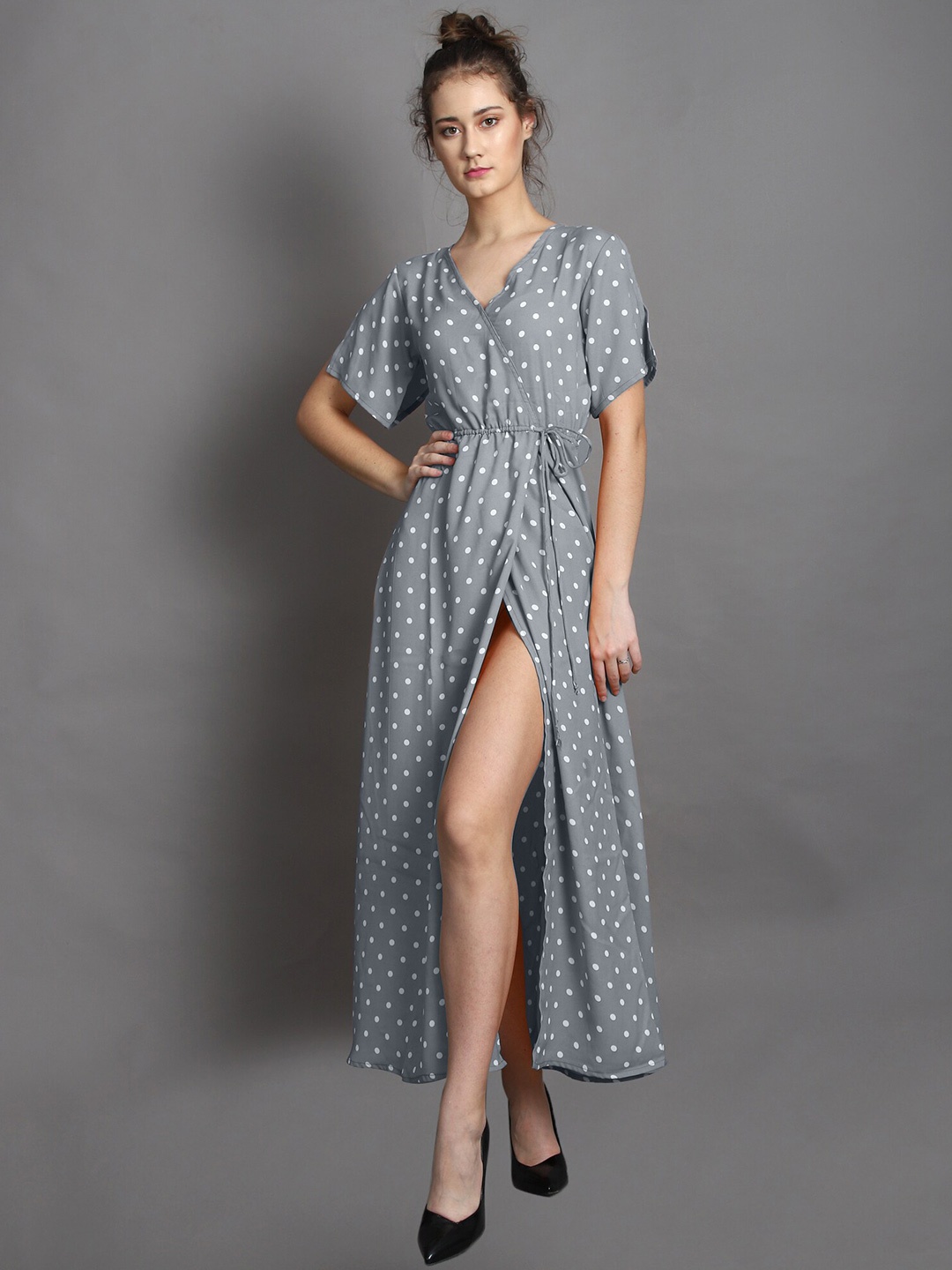 

BAESD Polka Dot Printed V-Neck Maxi Dress, Grey