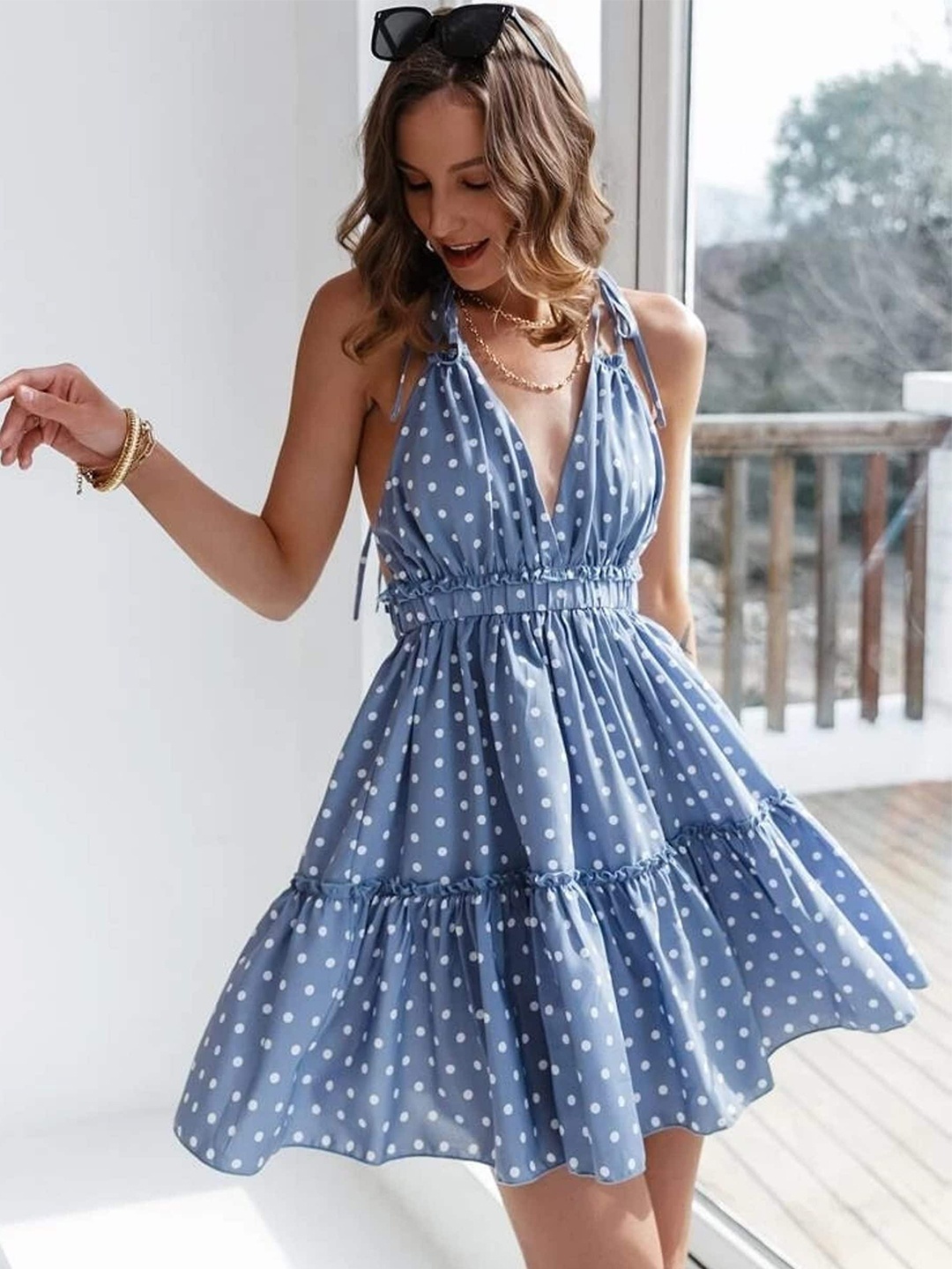

BAESD Polka Dot Printed Halter Neck Cotton Fit & Flare Dress, Blue
