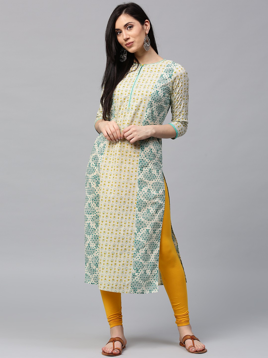 

Jaipur Kurti Women Off-White & Green Printed Straight Kurta