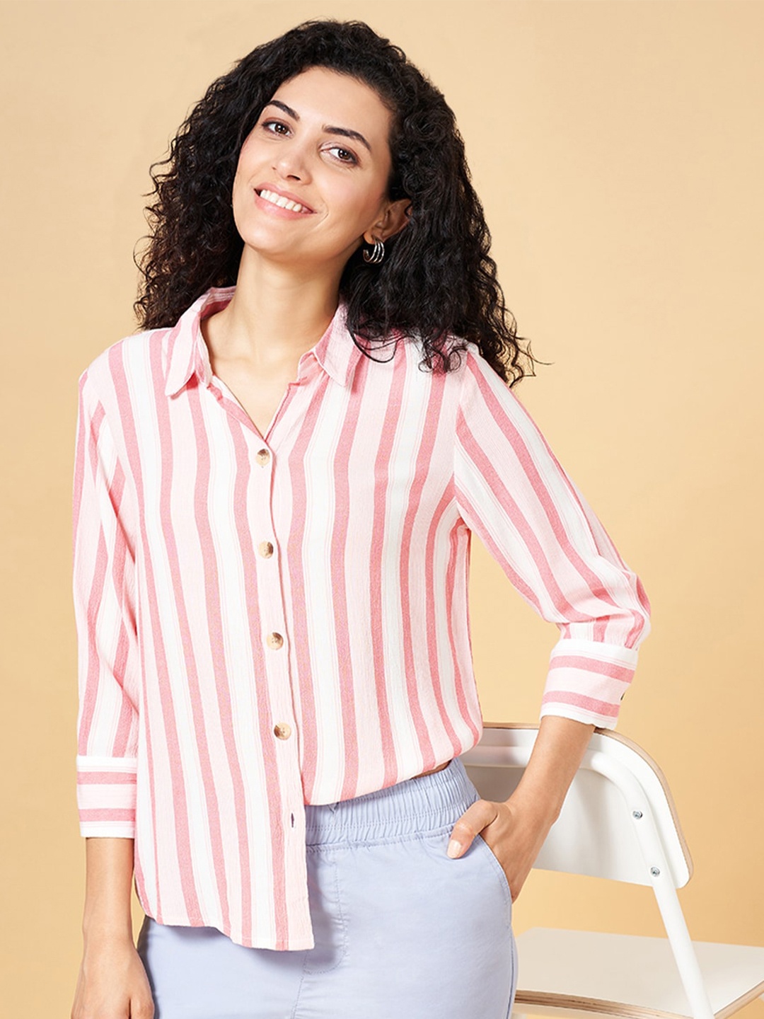 

Honey by Pantaloons Striped Shirt Style Top, Pink