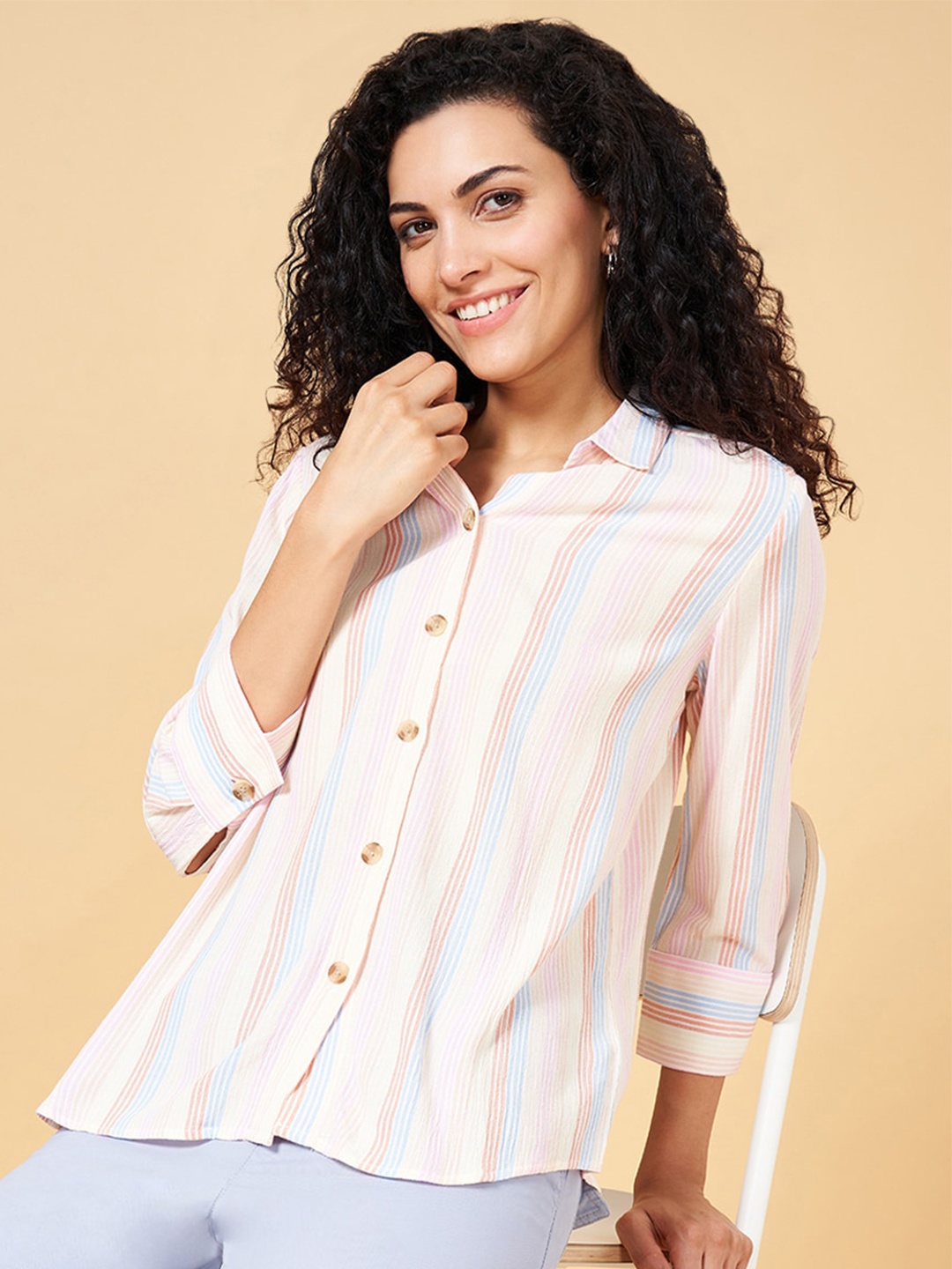 

Honey by Pantaloons Striped Shirt Style Top, Cream