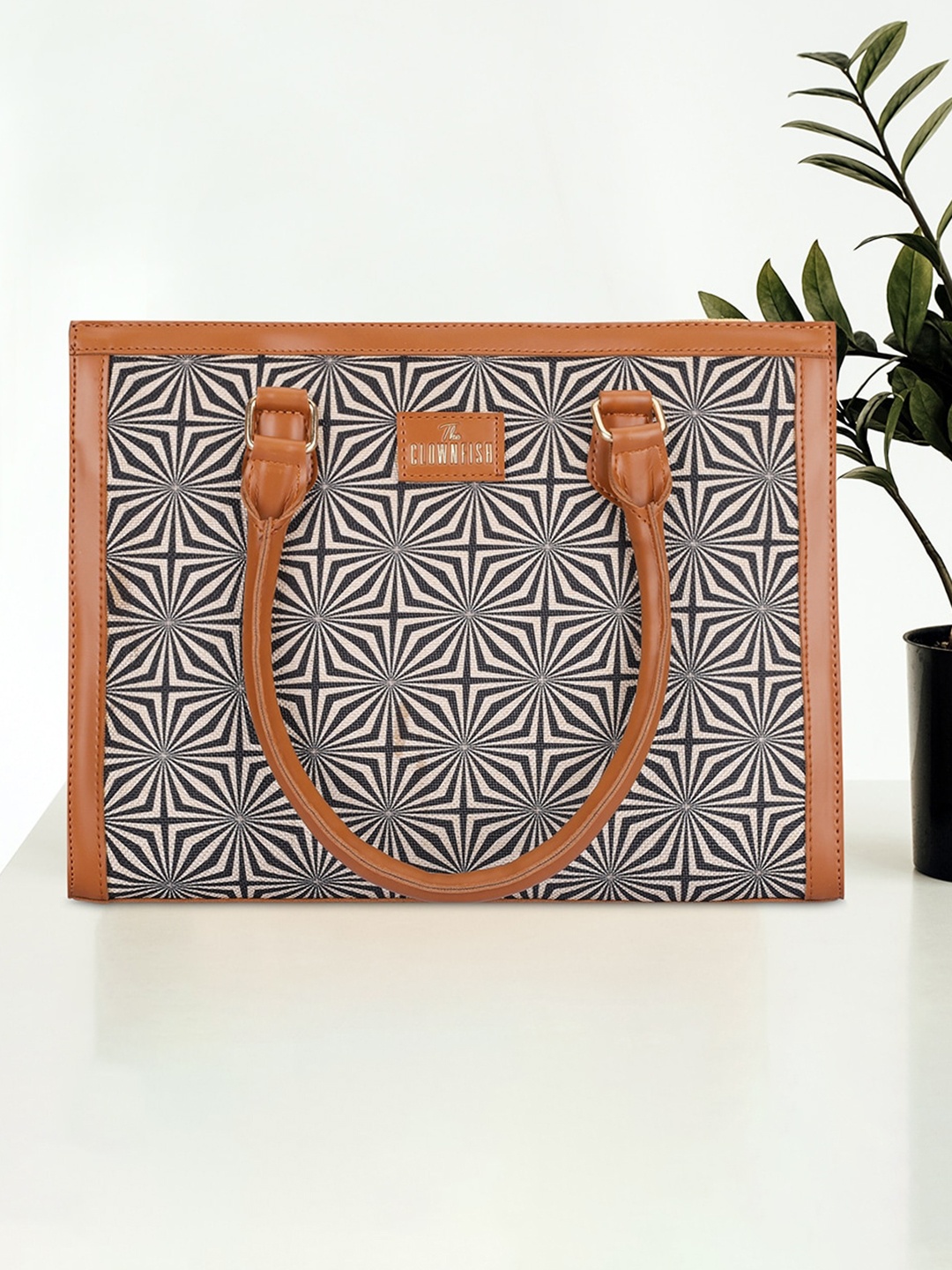 

THE CLOWNFISH Alvis Geometric Printed Leather Structured Handheld Bag, Tan